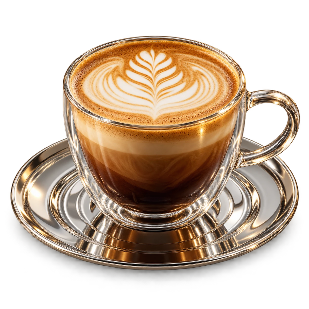 Glass cappuccino cup with rosetta art on a silver saucer